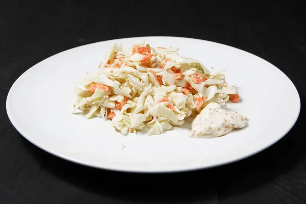 Plate Cabbage Salad Carrot Sliced Mayonnaise Sauce Table — Stock Photo, Image