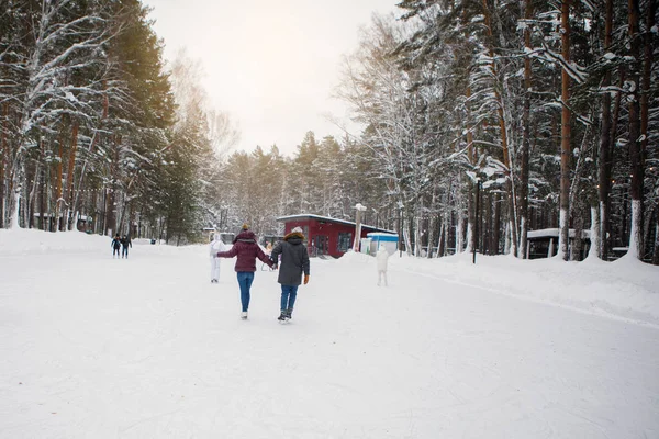 Casal Homem Mulher Ringue Patinagem Parque Inverno Roupas Quentes Chapéus — Fotografia de Stock