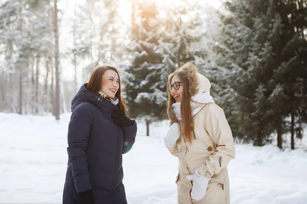 Two young, pretty women in scarves and jackets with long hair are having fun chatting outdoors in a snowy forest. Youth, beauty, healthy lifestyle, dreams.