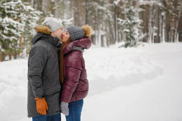 Kochająca Para Całuje Się Zimowym Parku Świeżym Powietrzu Ciepłe Ubrania — Zdjęcie stockowe