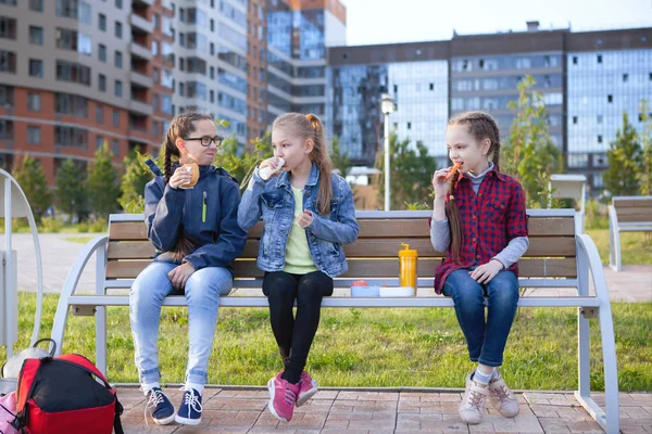 Tonårsflickor Äter Bänk Stadspark Hälsosam Mat Lunchlåda Människor Barn Vänner — Stockfoto