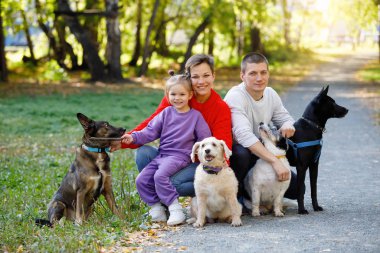 Üç kişilik genç bir aile: anne, baba ve kız köpeklerle parkta yürüyorlar..