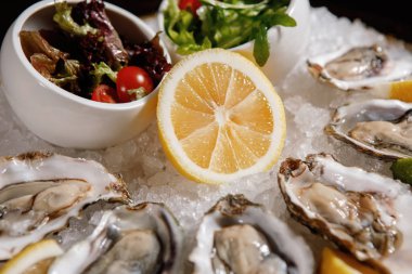 İstiridye, limon, limon, marul, buzlu kiraz. Önplanda seçili odak.