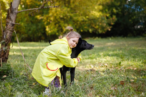 Chica Impermeable Amarillo Abraza Con Perro Parque Verano —  Fotos de Stock