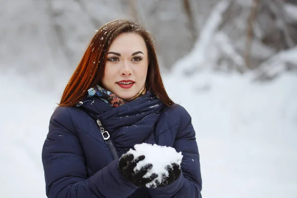 Young Pretty Woman Blue Scarf Jacket Long Hair Holds Snow — ストック写真