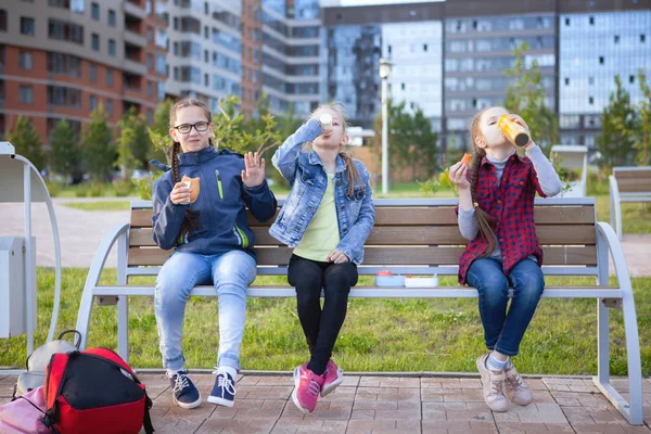Tonårsflickor Äter Bänk Stadspark Hälsosam Mat Lunchlåda Människor Barn Vänner — Stockfoto