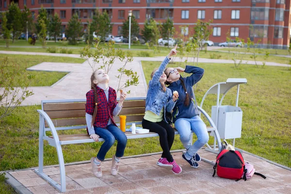 Las Adolescentes Comen Banco Parque Ciudad Comida Saludable Lonchera Gente — Foto de Stock