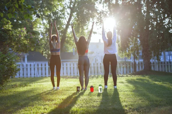 三个穿着运动服的女人正在一个公园的绿地草坪上做体操 日落了 — 图库照片