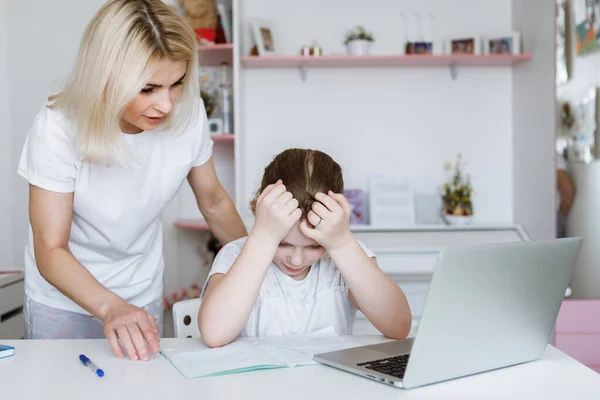 Difficulties Distance Learning Mother Embrace Task Tired Daughter Home Schooling — Stock Photo, Image
