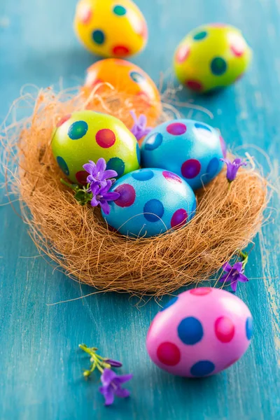 Bahar çiçekleri ile renkli Paskalya yortusu yumurta — Stok fotoğraf