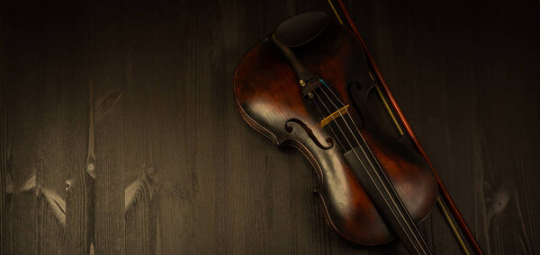 Violin in vintage style on wood background
