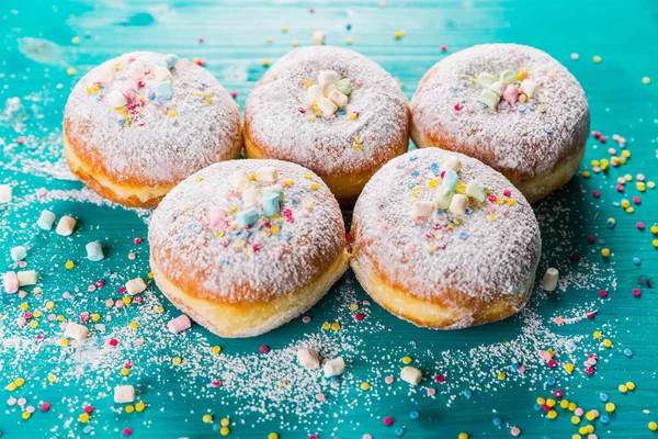 Carnival powdered sugar raised donuts - German Berliner donuts — Stock Photo, Image
