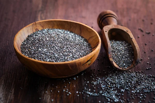 Nutritious Chia Seeds Spoon Bowl Wooden Background — Stock Photo, Image