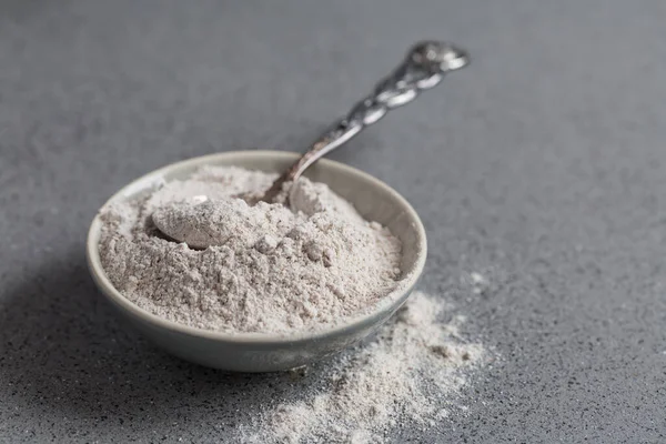 Glutenfree Buckwheat Flour Baking Bowl Grey Background — Stock Photo, Image