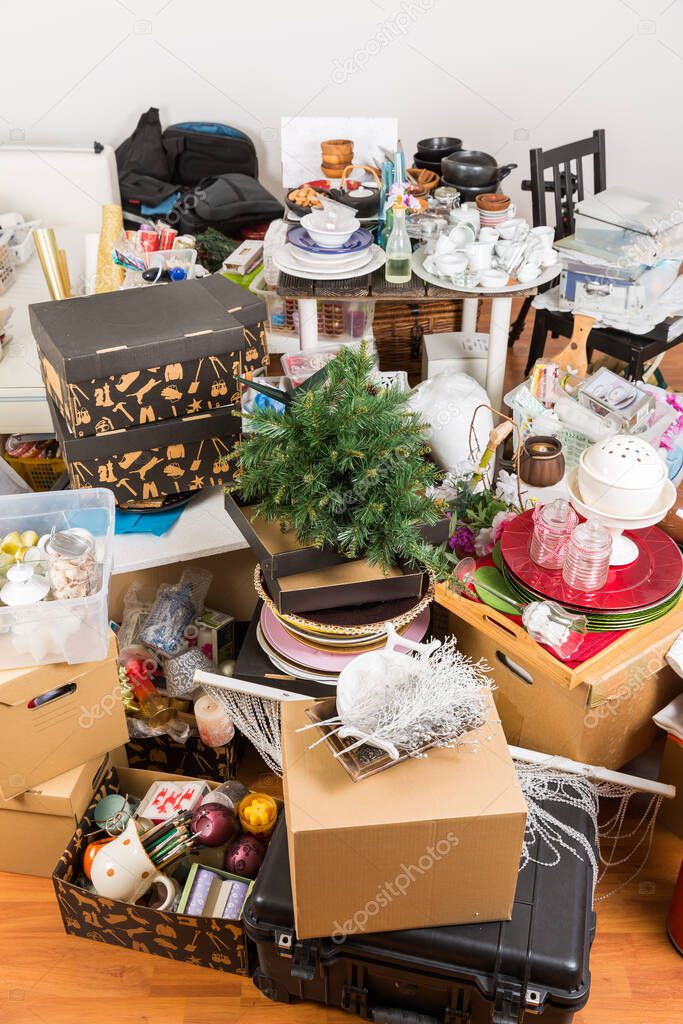 Messy room full of clutter and junk - Compulsive hoarding. Hoarding disorder.