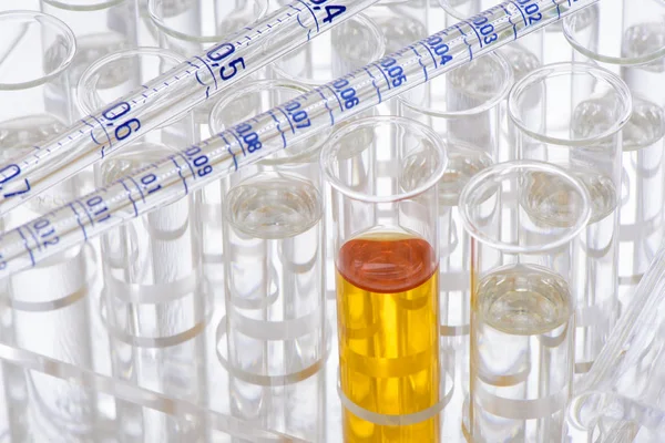 Experimento Laboratório Químico Com Líquido Amarelo Para Análise — Fotografia de Stock