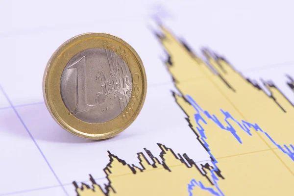 欧州通貨相場のグラフに敷設のユーロ硬貨 — ストック写真