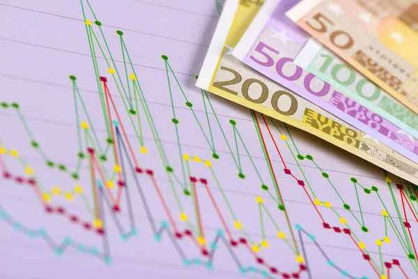 Chart shows success on exchange market with Euro banknotes — Stock Photo, Image