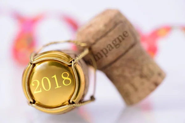 Cork of champagne printed with new years date 2018 — Stock Photo, Image