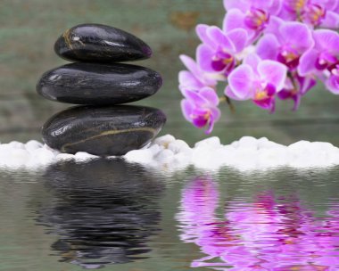  Japon Zen bahçesi ile yığılmış taşlar suda yansıtma
