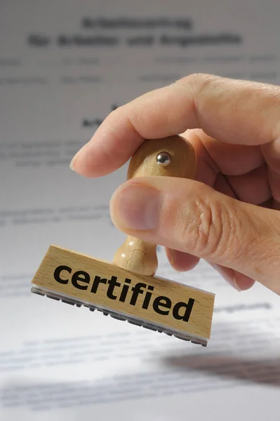 Gecertificeerd Gedrukt Rubber Stempel Hand — Stockfoto