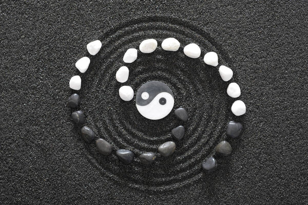 Japanese Zen garden with yin and yang stones in textured sand