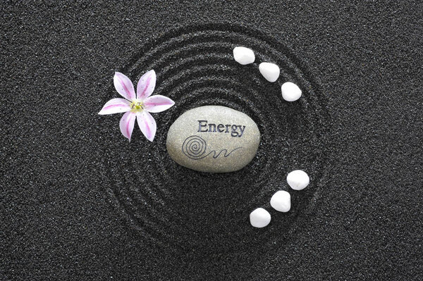 Japanese Zen garden with stone of energy in textured sand