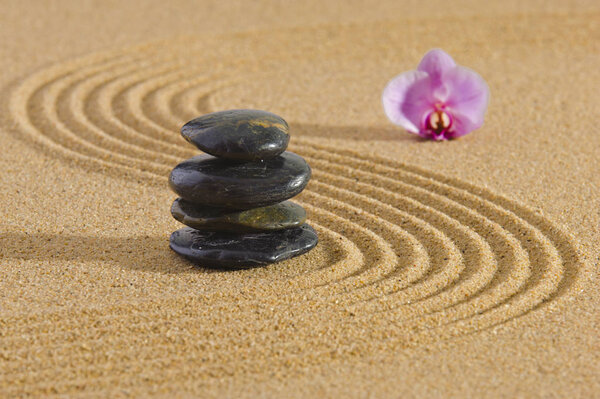 Японский Дзен сад спокойствия с камнем в текстурированном песке
