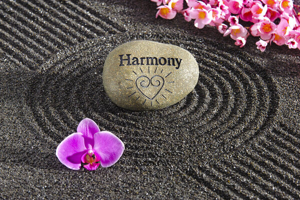 Japanese Zen garden of tranquility with stone in textured sand