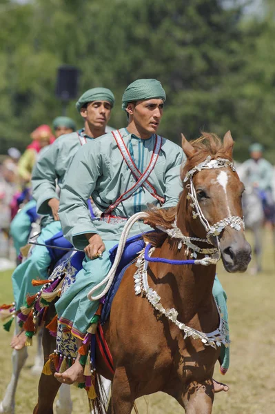 Os membros do grupo de demonstração árabe "Cavalaria Real de Omã" montam em belas vestes em cavalos — Fotografia de Stock