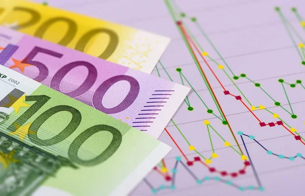 Banknotes of European currency laying on chart of stock market — Stock Photo, Image
