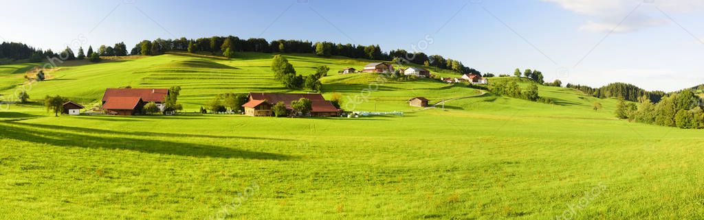 panoramic landscape in Bavaria with alps mountain range 