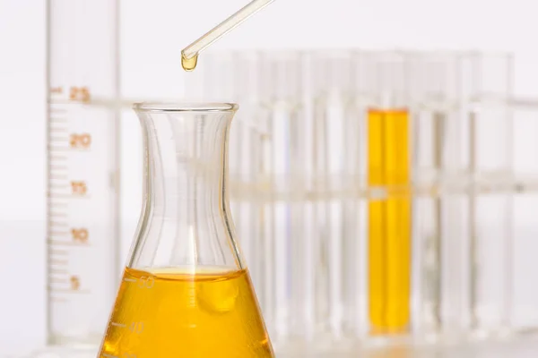 Scientific experiment in chemistry laboratory with liquid in tes — Stock Photo, Image