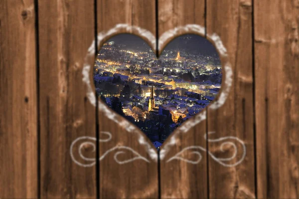 Looking Carved Heart Wooden Wall City Garmisch Partenkirchen Bavaria Germany — 스톡 사진