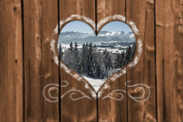 Looking Carved Heart Wooden Wall Beautiful Snow Covered Landscape Stock Image