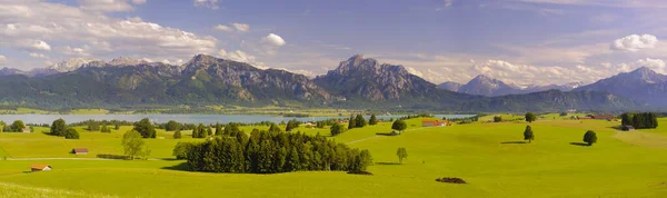 Panorama Panoramico Con Prato Lago Fronte Alle Montagne Delle Alpi — Foto Stock