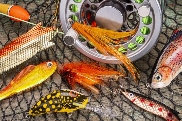 Diferente Pesca Enfrentar Fundo Madeira — Fotografia de Stock