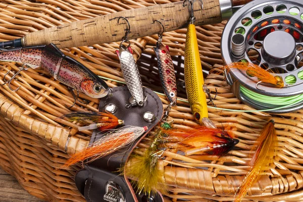 Attrezzatura Pesca Diversa Fondo Legno — Foto Stock