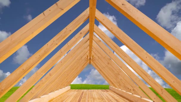 Roof structure with beams from carpentry — Stock Footage Roof Structure Beams Carpentry Stock Video