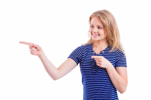 Beautiful blond girl pointing her fingers — Stock Photo, Image