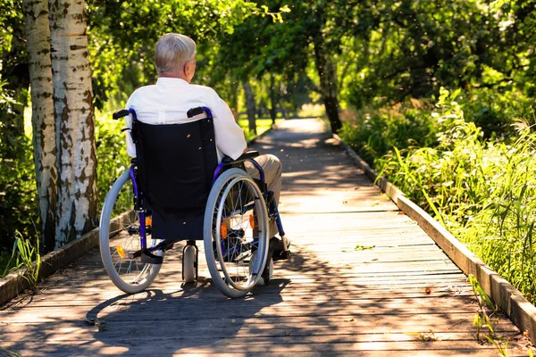 Gubbe på rullstolen på vägen i parken — Stockfoto