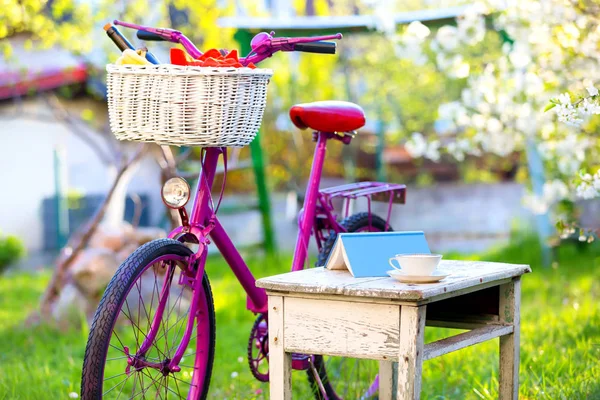 Tasse Tee, Buch und rosa Fahrrad — Stockfoto