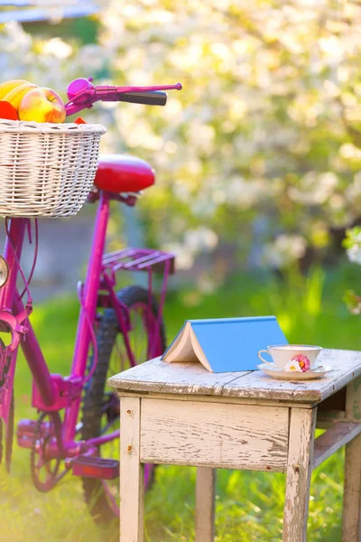 Tasse Tee, Buch und rosa Fahrrad — Stockfoto