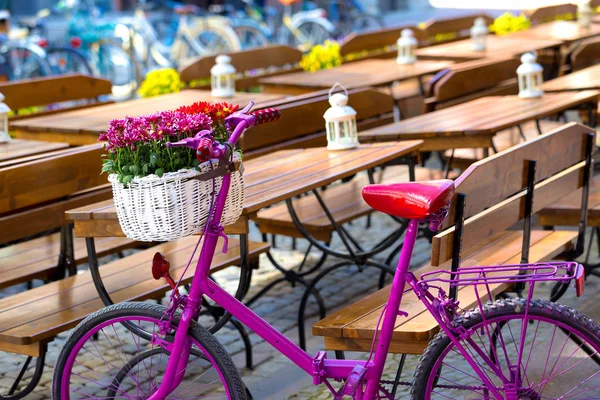 Bicicleta rosa de pé em uma rua velha — Fotografia de Stock