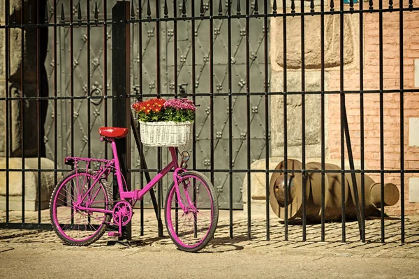 Bicicleta rosa em pé por cerca velha — Fotografia de Stock