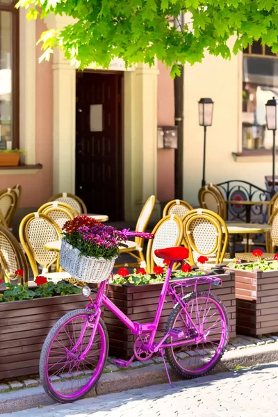 Rosa Fahrrad, das auf einer alten Straße steht — Stockfoto