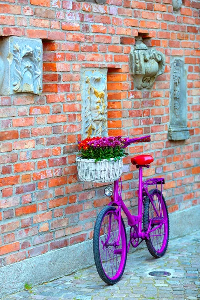 Vélo rose debout près du mur — Photo