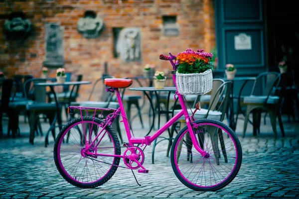 Розовый велосипед стоит на месте — стоковое фото