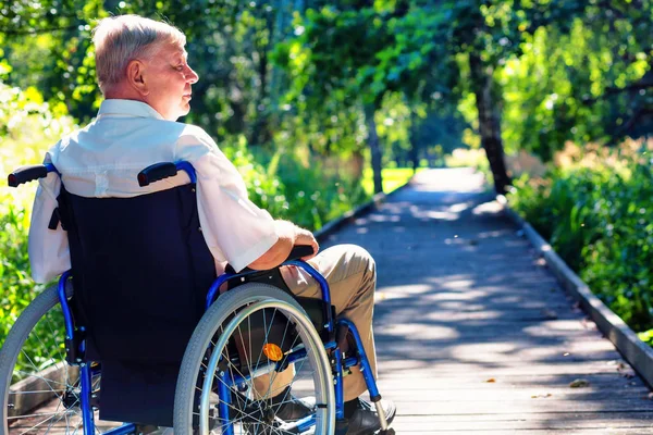 Ηλικιωμένος άντρας στο αναπηρικό καροτσάκι, στο μονοπάτι στο πάρκο — Φωτογραφία Αρχείου