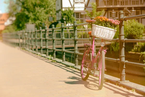 Pinkfarbenes Fahrrad steht an Metallbarriere — Stockfoto